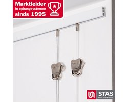 STAS Schilderijrail - Ophangsysteem Schilderijen / Fotolijsten / Poster - Ophangrails - Zonder Boren - Ophanghaak - Ophangrek - Schilderijrail - Minirail - Wit -150 cm - Complete Kit