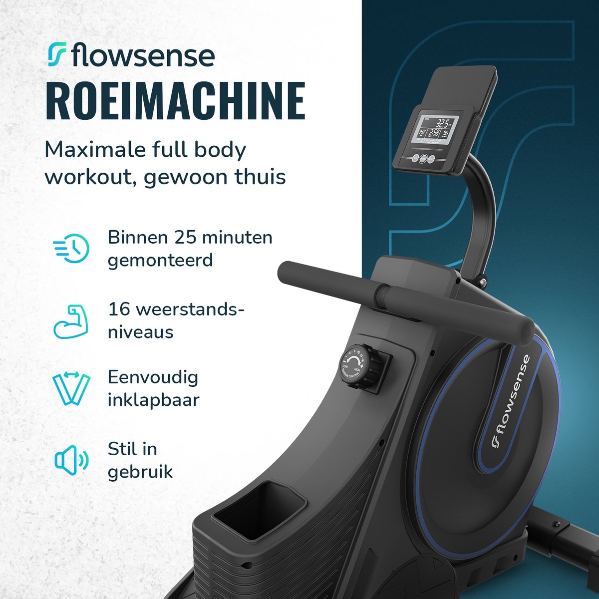 Afbeelding 2 van Flowsense Roeimachine - Inklapbaar Roeiapparaat- Geluidsstil - Magnetische Roeitrainer Fitness - Roeitrainers - 16 Weerstandniveaus - LCD Monitor