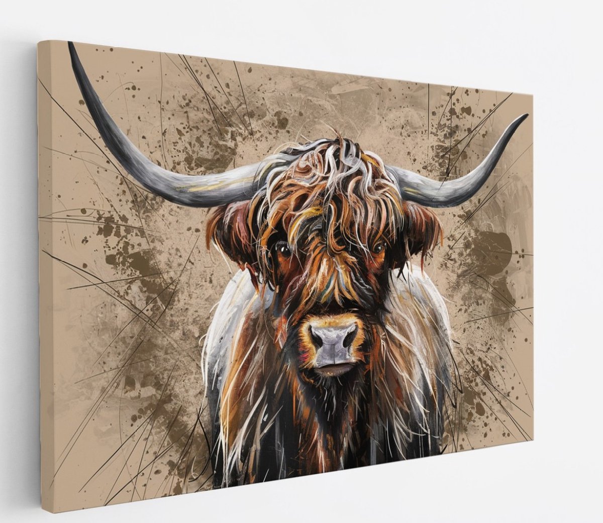 Saammp Canvas Schilderij - Schotse Hooglander Koe - Portret - Landschap - Dieren - Natuur - 150x100 - Foto op canvas - Wanddecoratie - muurdecoratie Woonkamer - Slaapkamer decoratie - Canvas Print Multicolor