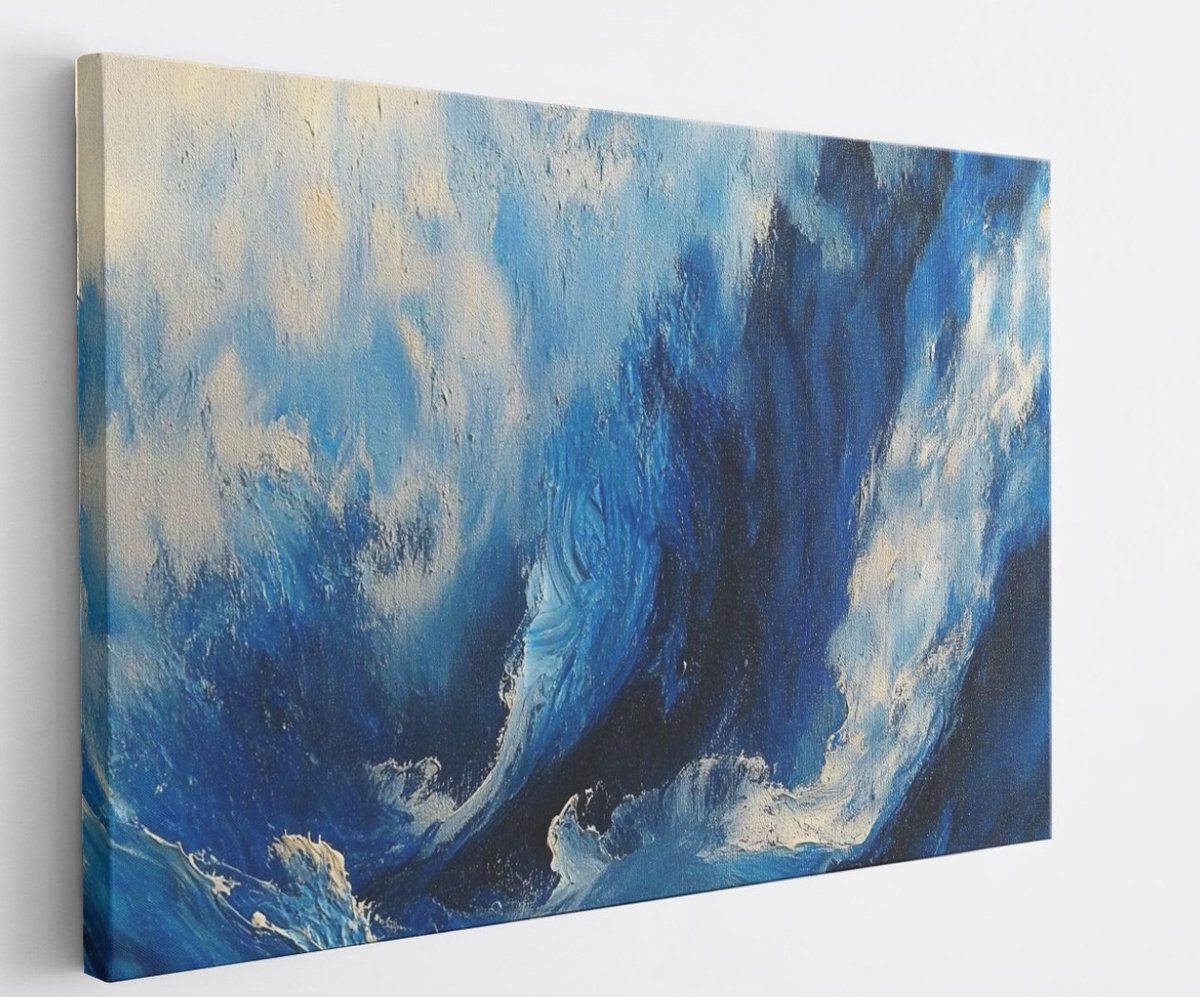 Saammp Canvas Schilderij - Wit - Blauwe kunst - Abstracte - 40x30 - Foto op canvas - Wanddecoratie - Muurdecoratie Woonkamer - Kantoor Decoratie Multicolor