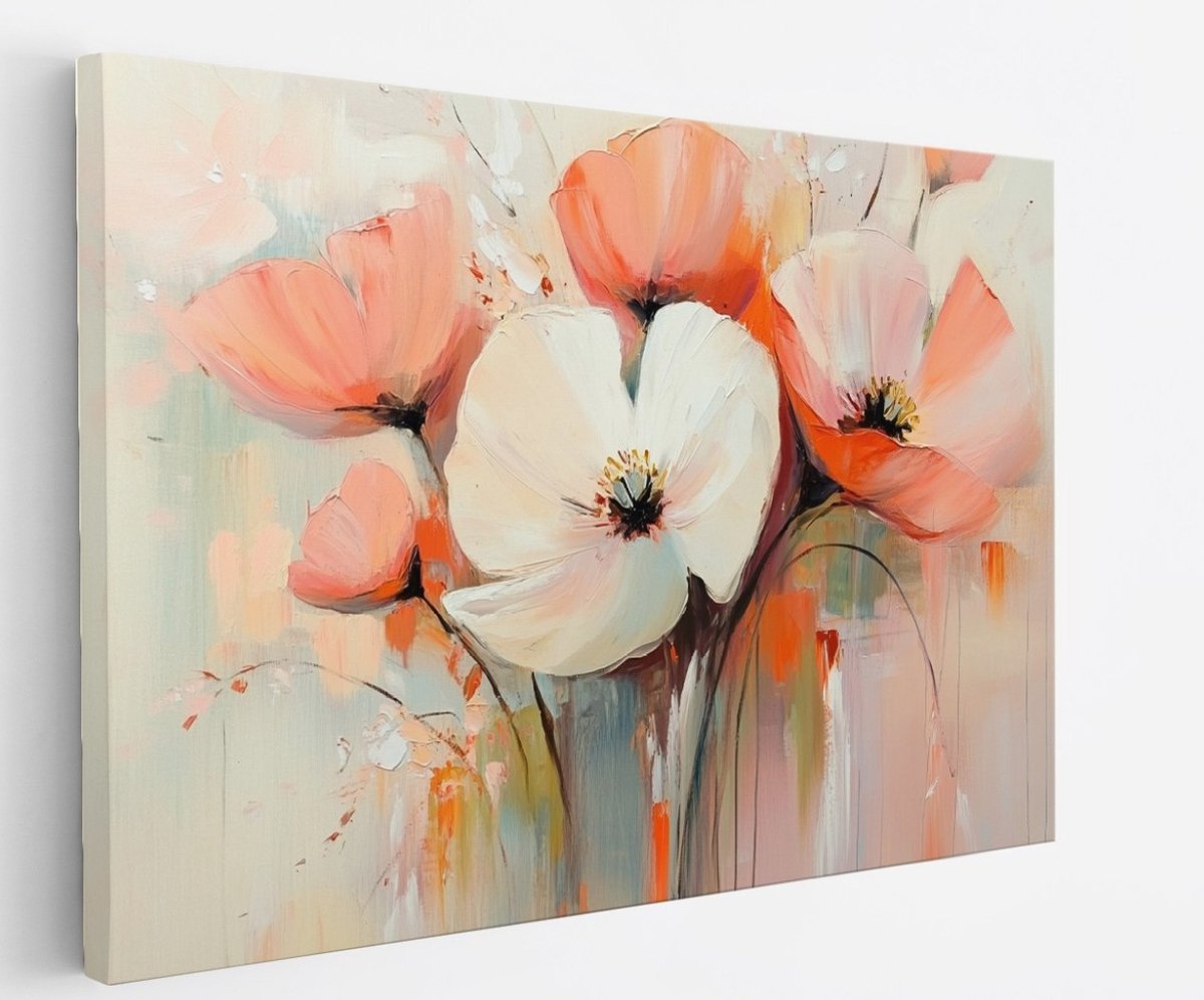 Saammp Canvas Schilderij - Beige Bloemen met oranje en groen - Natuur - Abstract - 90x60 - Foto op canvas - Wanddecoratie - Muurdecoratie Woonkamer - Woonkamer Decoratie Multicolor