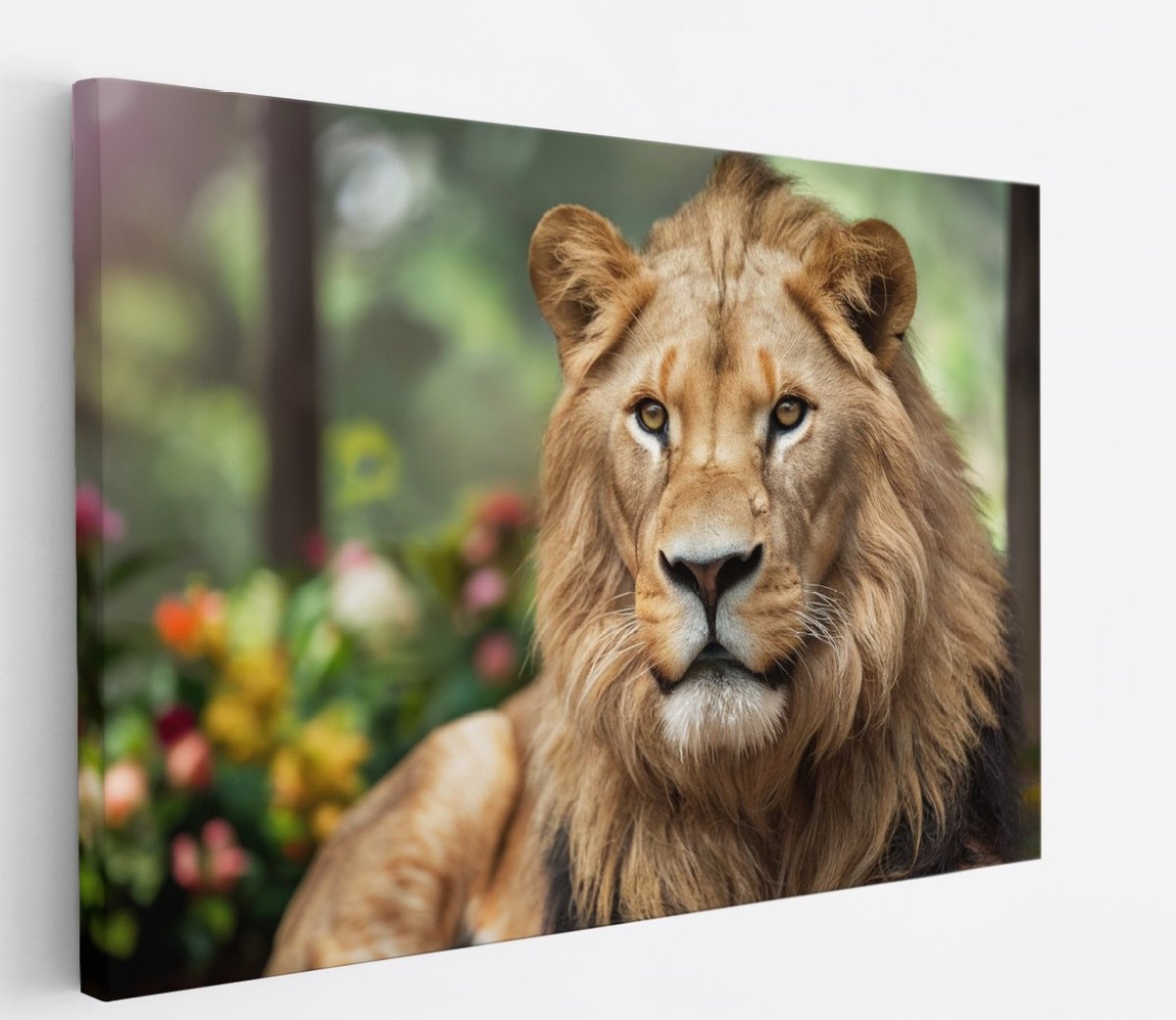 Saammp Canvas Schilderij - Leeuw tussen de bloemen - Dieren - Natuur - 90x60 - Foto op canvas - Wanddecoratie - Muurdecoratie Woonkamer - Slaapkamer decoratie - Canvas Print Multicolor