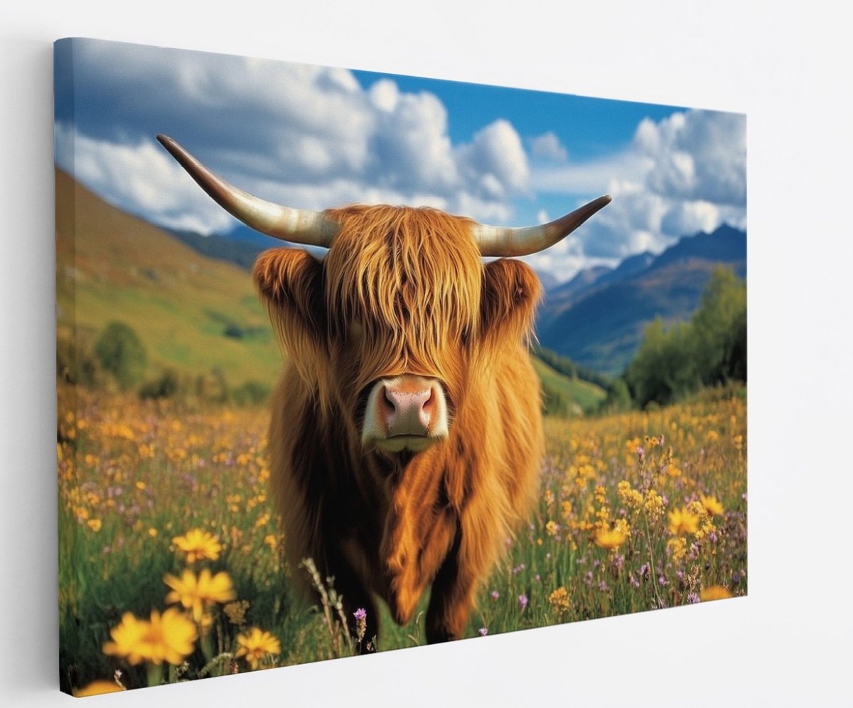 Saammp Canvas Schilderij - Schotse Hooglander Koe Tussen de Bloemen - Landschap - Dieren - Natuur - 40x30 - Foto op canvas - Wanddecoratie - muurdecoratie Woonkamer - Slaapkamer decoratie - Canvas Print Multicolor