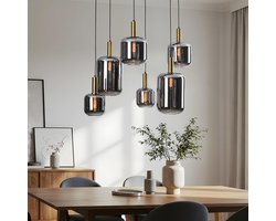 LumenXL – Moderne hanglamp zwart – goud – rookglas, 6-lichts – Sei