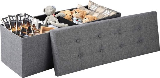Repose-pieds avec espace de rangement Breanna - Pouf avec rangement - Opbergbox hocker - Boîte siège avec couvercle - Gris clair - Tissu - 110x37.5x38cm