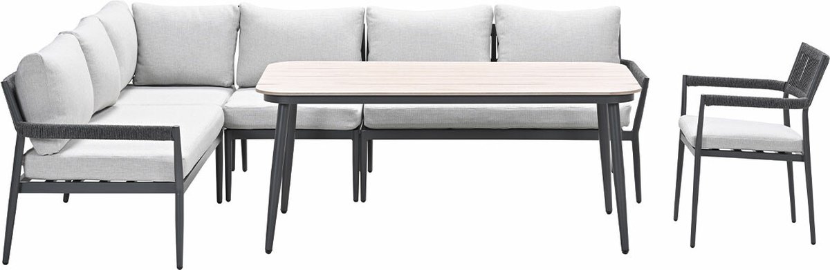 Tuinset met donkergrijze Tineo lounge dining stoelen en tafel.