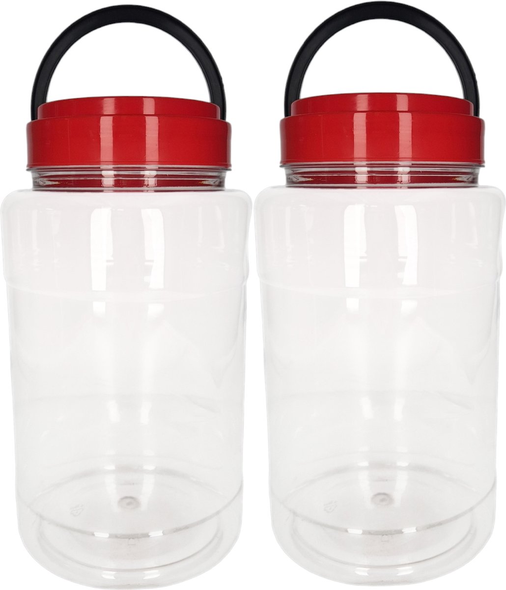 CM Voedsel opslag container - 2x - kunststof - 4 liter - afsluitdop en draag hengsel - transparant/rood - voorraadpot