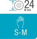 Pictogrammen die een maximale snoeidiameter van 24 mm en handschoenmaat S-M aangeven.