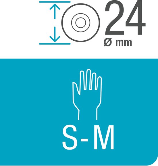 Pictogrammen die een maximale snoeidiameter van 24 mm en handschoenmaat S-M aangeven.