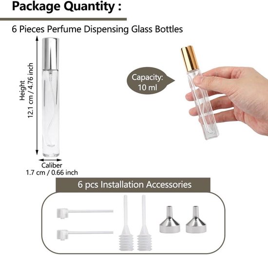 6 stuks neussprayflessen, leeg, 30 ml, 4 stuks en 10 ml, 2 stuks glazen
