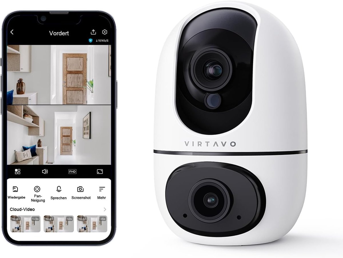 Binnen Beveiligingscamera 1080p met Dual Lens, Nachtzicht, AI Bewegingsdetectie en Cloud Opslag