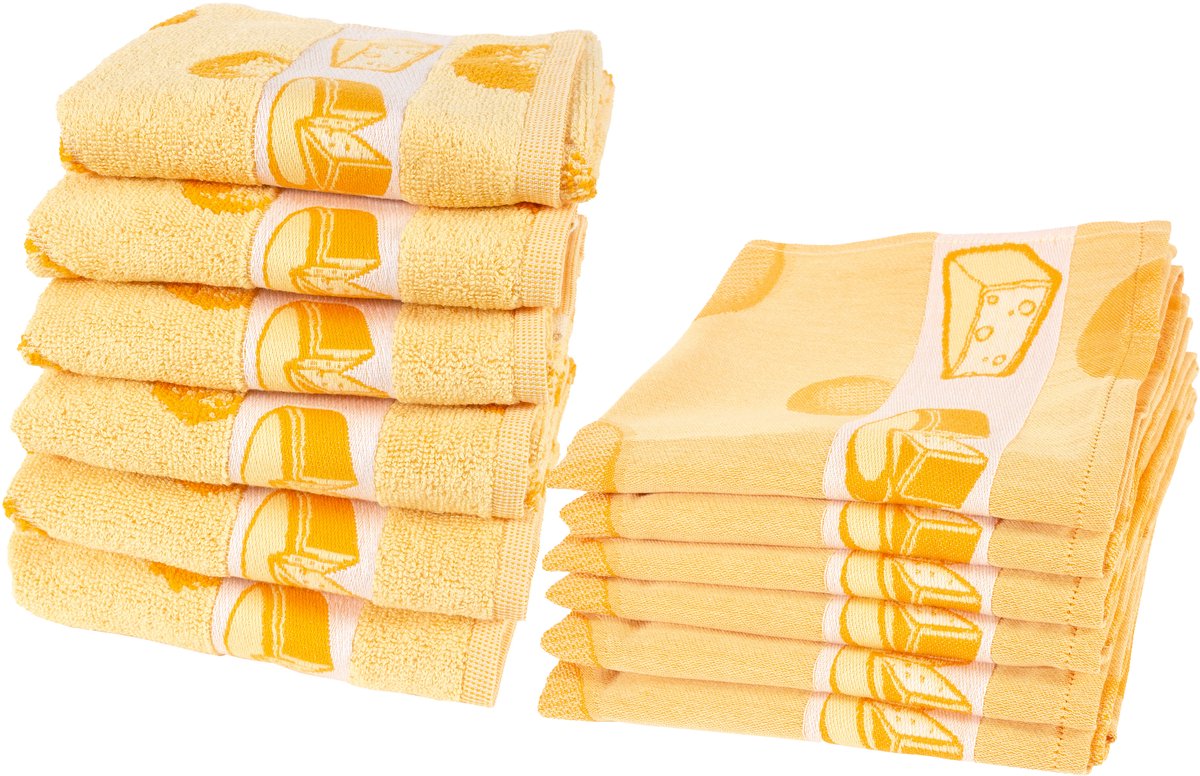 Twentse Damast Theedoeken en keukendoeken set - 6x Theedoeken + 6x Keukendoeken - Katoen - Cheese Geel