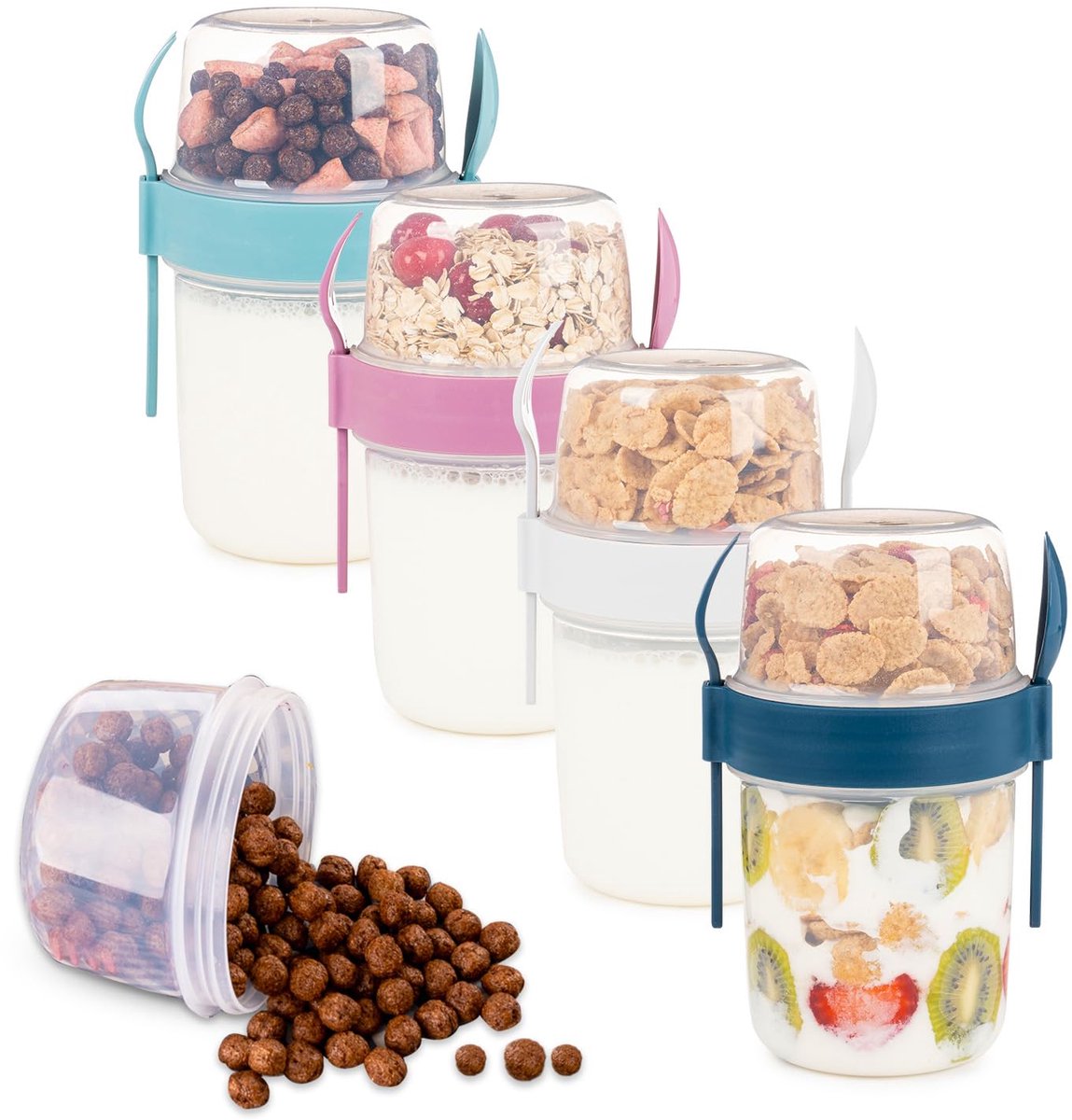 My Ninki ® Handige Ontbijtbeker Set met Deksel en Lepel voor Muesli en Yoghurt in Verschillende Kleuren