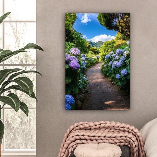 Tableau sur toile 60x90 cm - Décoration murale Hortensia - Chemin - Fleurs - Décoration murale salon - Décoration chambre - Accessoires chambre - Peintures sur toile