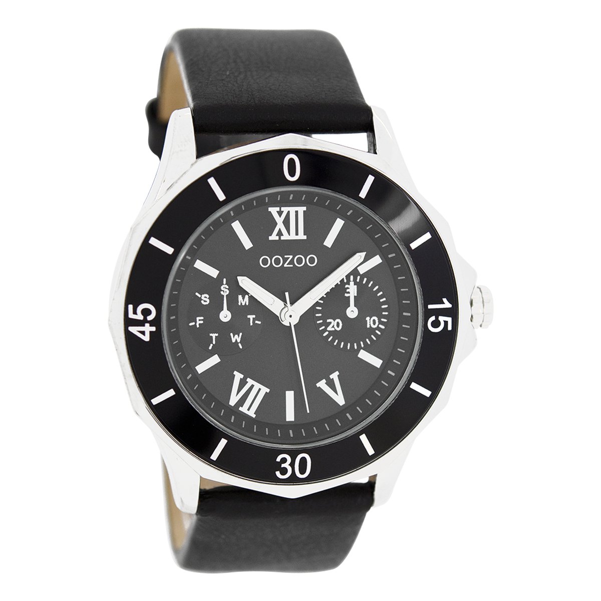 OOZOO Timepieces - Zilverkleurige horloge met zwarte leren band - C6259