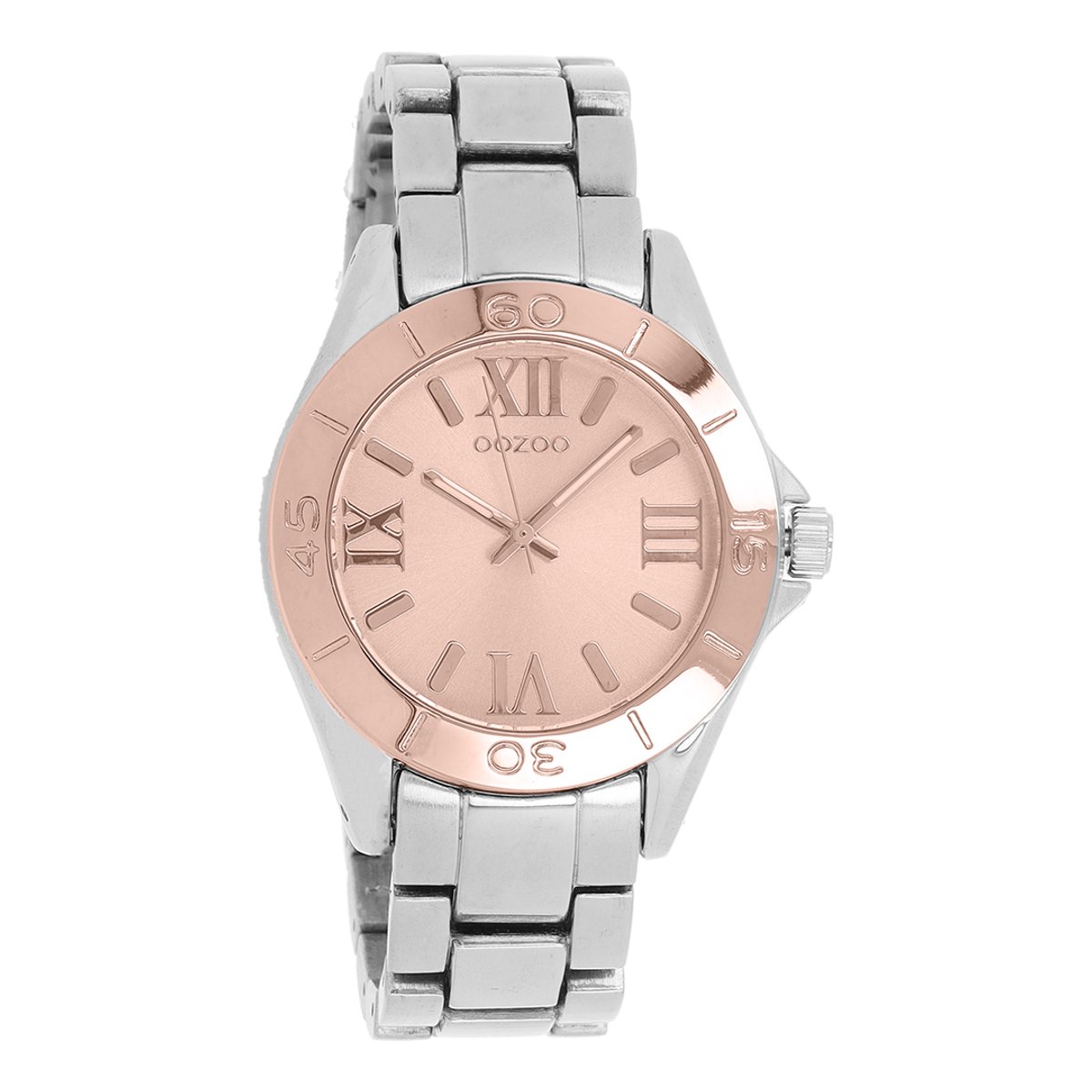 OOZOO Timepieces - Zilver-rosé goudkleurige horloge met zilverkleurige roestvrijstalen armband - C5708