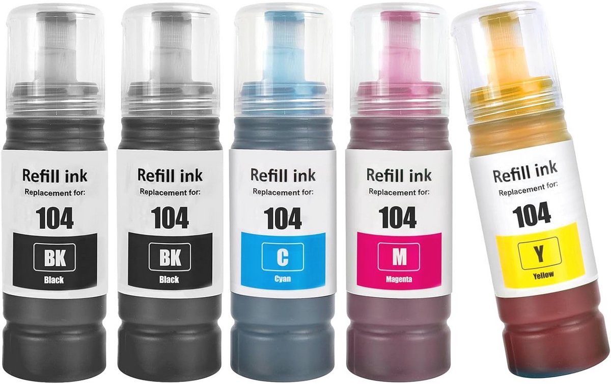Compatibele Inktflessen 5 Kleur Multipack voor 104 Inkt - Hoge Kwaliteit en Hoge Capaciteit