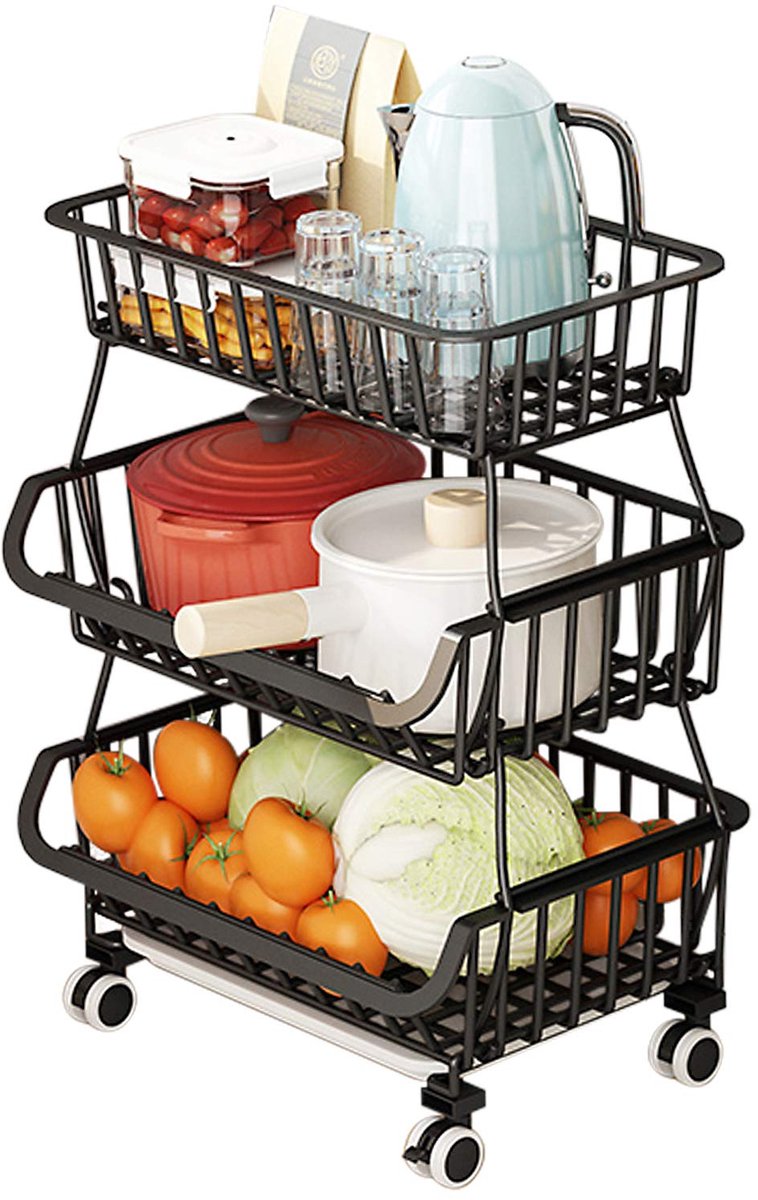 My Ninki ® Multifunctioneel Stapelbaar Groenten- en Fruitrek met Afsluitbare Wielen en Accessoirehaken voor Huis en Keuken