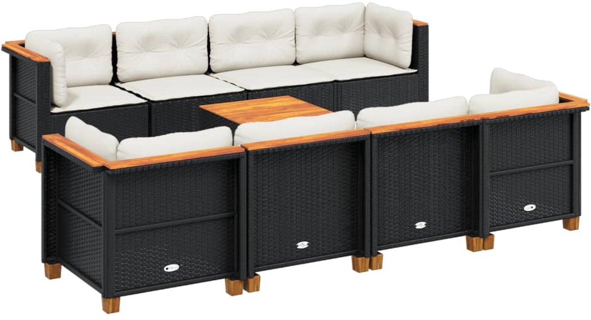 The Living Store 9-delige Loungeset met kussens poly rattan zwart - Loungebank - Lounge Set - Buitentijd - Tuinmeubels - Tuinlounge