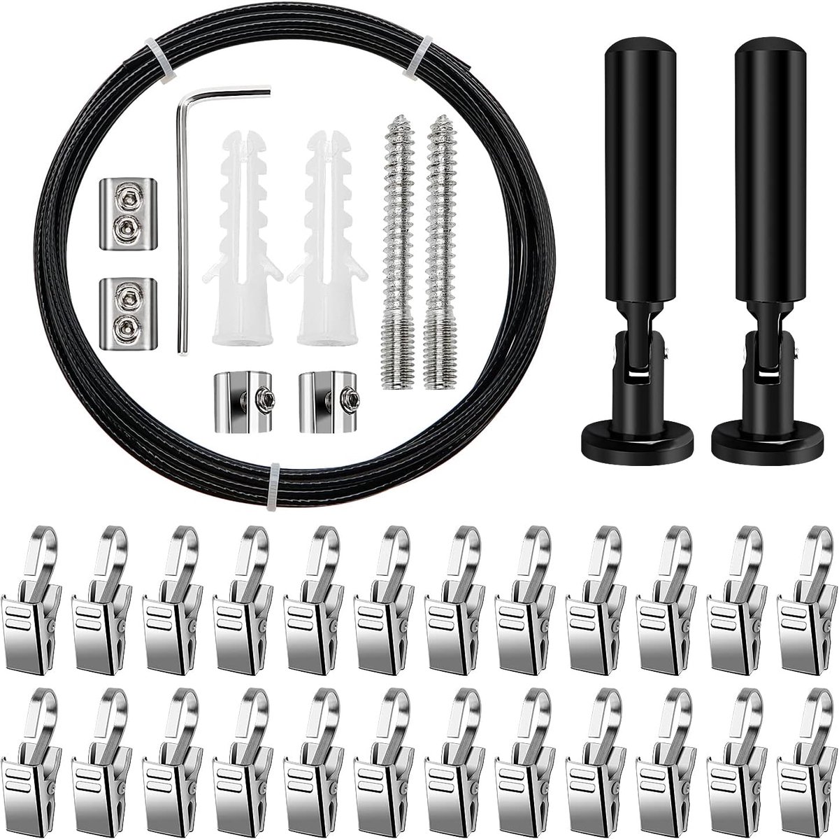 Goedkoopste Universele 5 m Wandmontageset met 24 Stuks Metalen Clips en Haken, RVS Gordijnkoord, Gordijnstaaldraad