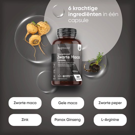 Pot 'WeightWorld Zwarte Maca Complex' met MACA wortels. Onderin: 'Zwarte maca', 'Gele maca', 'Zwarte peper', 'Zink', 'Panax Ginseng', 'L-Arginine'.