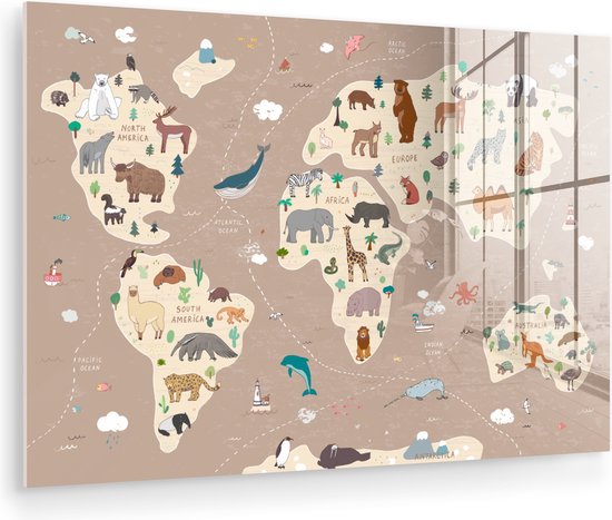 Peinture sur Verre - Carte du Wereldkaart pour Enfants - Terre - Animaux - 120x80 cm - Peintures sur Verre Peintures - Photo sur Glas