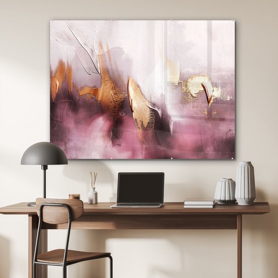 MuchoWow® Glasschilderij 120x90 cm - Schilderij acrylglas - Paars - Abstract - Verf - Goud - Foto op glas - Muurdecoratie woonkamer - Wanddecoratie slaapkamer - Schilderijen