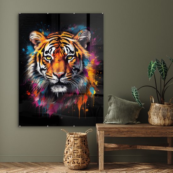 MuchoWow® Tableau sur verre 90x120 cm - Tableau sur verre acrylique - Tigre - Graffiti - Animaux - Zwart - Photo sur verre - Décoration murale salon - Décoration murale chambre - Peintures
