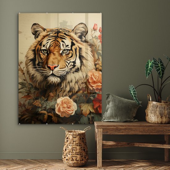 MuchoWow® Glasschilderij 90x120 cm - Schilderij acrylglas - Vintage - Tijger - Bloemen - Dieren - Wit - Foto op glas - Muurdecoratie woonkamer - Wanddecoratie slaapkamer - Schilderijen