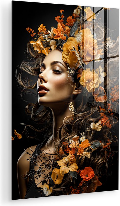Glasschilderij 80x120 cm - Vrouw bloemen - Foto op glas - Woonkamer schilderij portret - Schilderijen slaapkamer - Kamer decoratie glasplaat - Wanddecoratie glasschilderijen - Muurdecoratie kleurrijk