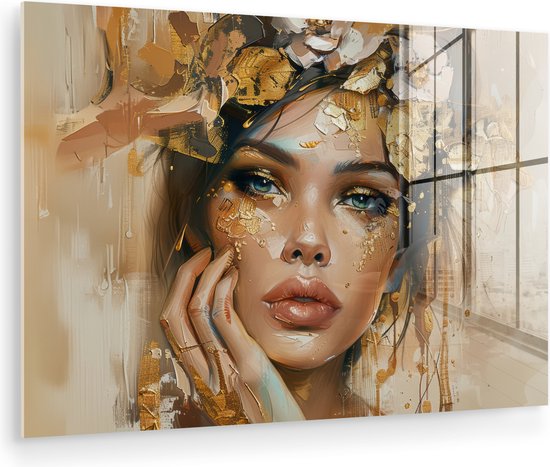 MuchoWow® Glasschilderij 120x80 cm - Schilderij acrylglas - Vrouw - Bloemen - Goud - Portret - Foto op glas - Muurdecoratie woonkamer - Wanddecoratie slaapkamer - Schilderijen