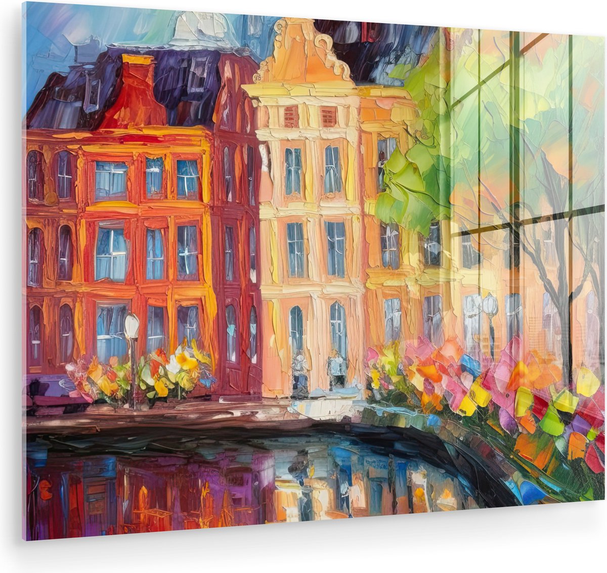 MuchoWow® Glasschilderij 120x90 cm - Schilderij acrylglas - Olieverf - Amsterdam - Kunst - Kleurrijk - Foto op glas - Muurdecoratie woonkamer - Wanddecoratie slaapkamer - Schilderijen