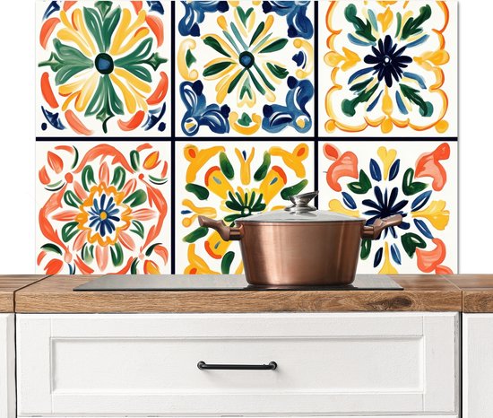 Crédence de Cuisinière en Aluminium 100x65 cm - Espagnol - Carreaux - Céramique - Fleurs - Écran Pare-éclaboussures pour Plaque de Cuisson - Protection Murale