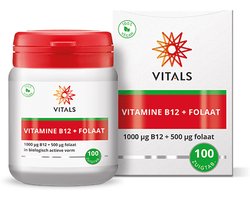Vitals Vitamine B12 1000 mcg en folaat 500 mcg - 100 zuigtabletten. Hoge doseringen van de biologisch actieve vormen methylcobalamine, adenosylcobalamine en 5-MTHF.