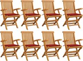 vidaXL - Chaises de jardin - 8 - pcs - avec - rouge - coussins - solide - bois de teck