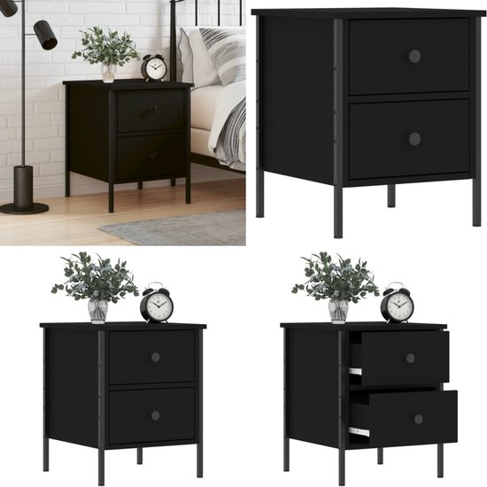 Table de chevet noire avec deux tiroirs et pieds en métal, avec images supplémentaires de tiroirs ouverts.