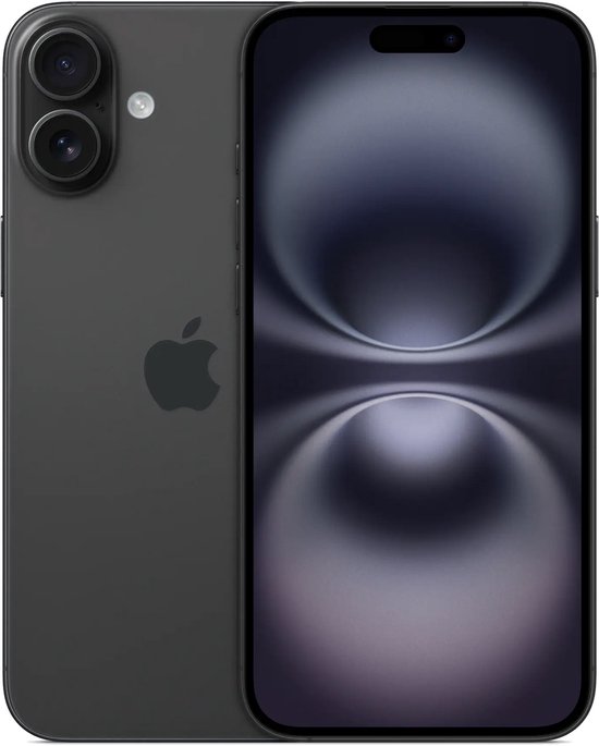 Donkergrijze iPhone 14 met dubbele camera's, Apple logo en een dynamisch eiland op het scherm.