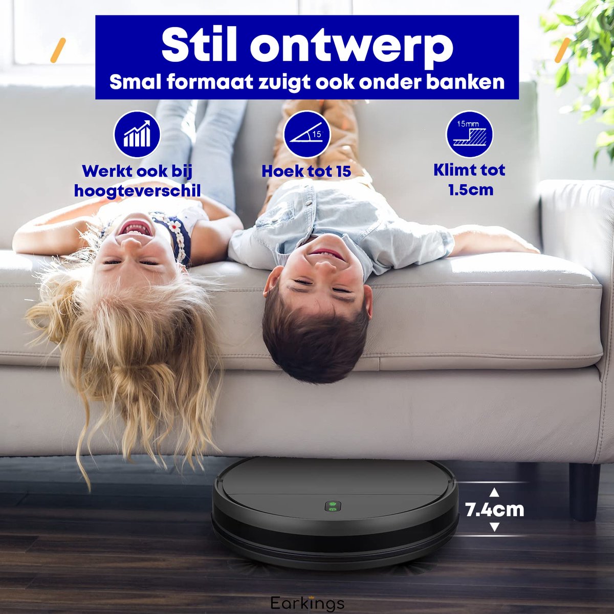 Afbeelding 2 van Earkings Robotstofzuiger met Dweilfunctie - SMART Robotstofzuiger met Laadstation - Geschikt voor huisdieren - Robotstofzuiger Zwart