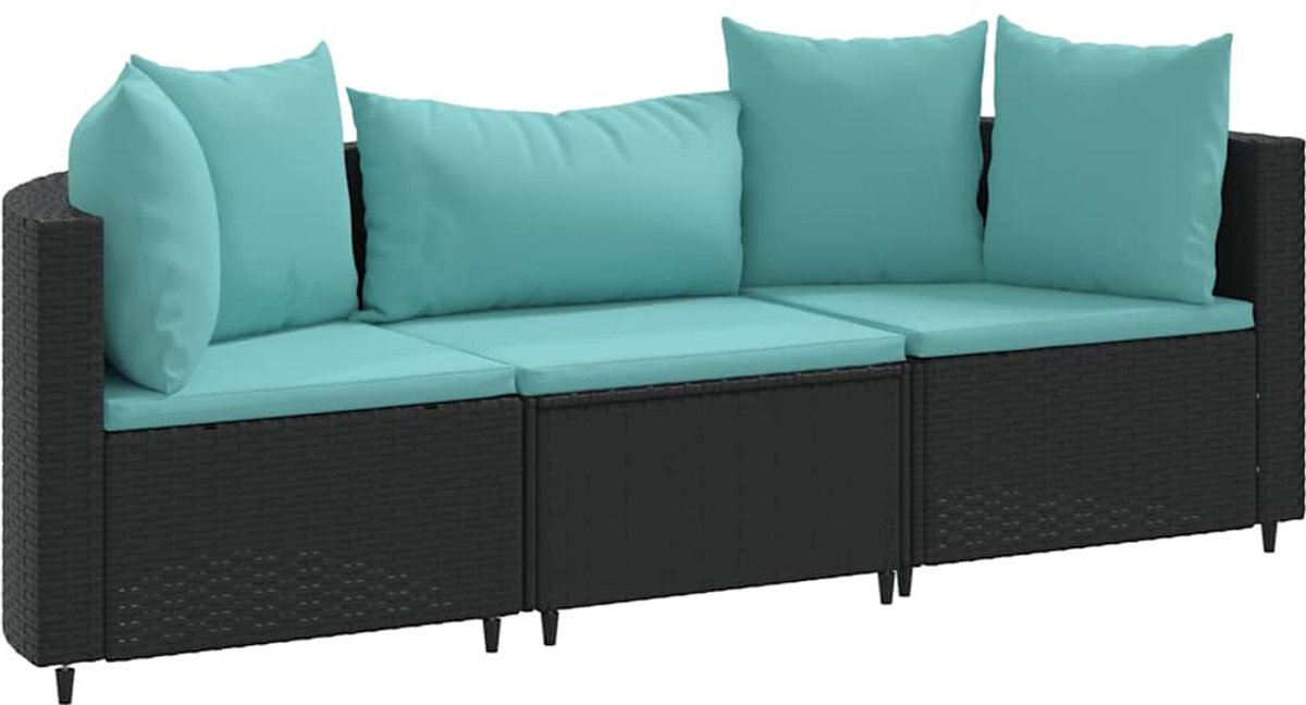 The Living Store 3-delige Loungeset met kussens poly rattan zwart - Loungebank - Tuinset - Lounge Set - Tuinmeubels - Buitendecoratie