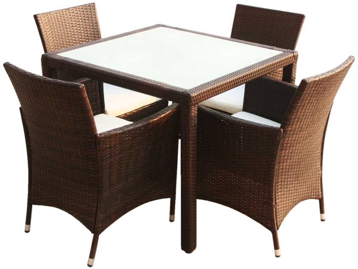The Living Store 5-delige Tuinset met kussens poly rattan bruin - Tuinmeubleset - Rattan Meubels - Buitendecoratie - Lounge Set - Eetkamerset