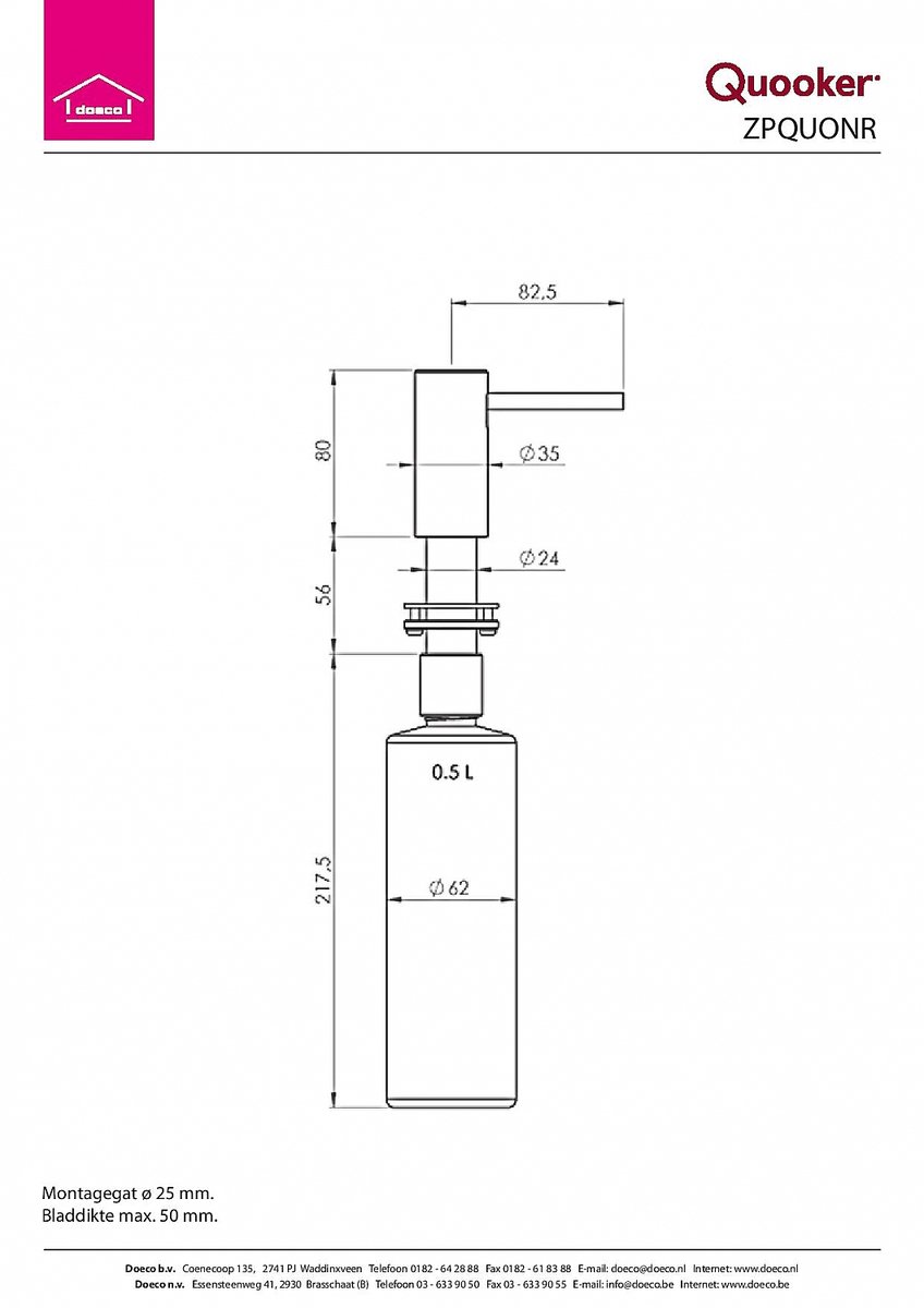 Quooker Nordic Zeeppomp - Rosé Koper - Bovenaf Navulbaar - Gelagerd - Metalen Binnenwerk - Kraangatboring 25 mm