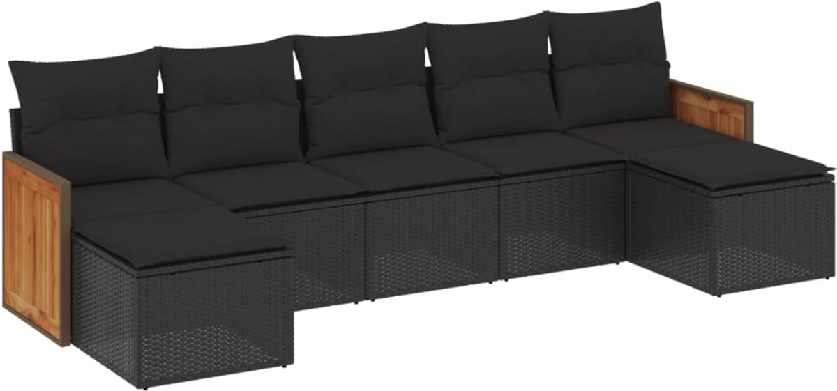 The Living Store 7-delige Loungeset met kussens poly rattan zwart - Loungeset - Tuinset - Lounge Set - Buitendecoratie - Outdoor Furniture
