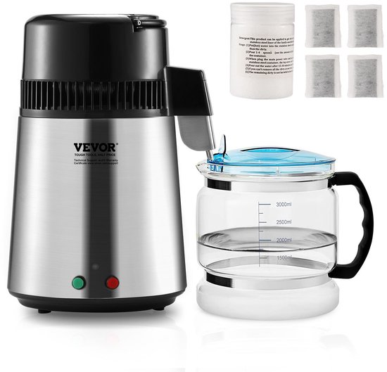 VEVOR Water Distillator, 1 L/Hour, 4L Water Purifier with 0-99 Hours Timing, 750W Countertop Distiller with Double Temperature Display, Cleaning Powder for Glass Decanter 3 Carbon Packs, FDA, Silver