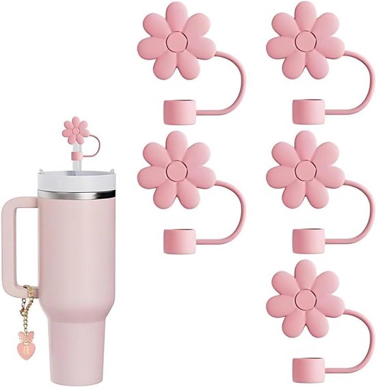 Zes Stanley strohoezen, 6 rietdoppen, geschikt voor 30 oz en 40 oz rietjesdekselhoezen, Stanley Cup 9-10 mm, Stanley Cup accessoires, stro toppers gemengde bloemen, zes drankjes strodoppen