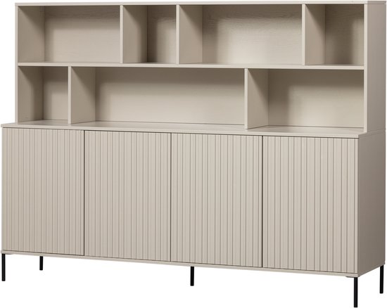 Wit dressoir met gesloten deuren en bovenkast met open vakken.
