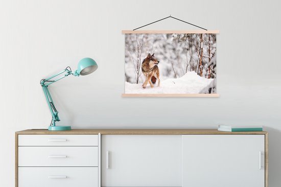 Posterhanger incl. Poster 90x60 cm - Schoolplaat - Wolf - Winter - Sneeuw - Natuur - Dieren - Textielposter - Blanke latten