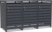 Grijze containerberging met drie deuren, van de zijkant gezien.