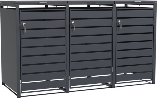Grijze containerberging met drie deuren, van de zijkant gezien.