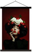 Posterhanger incl. Poster 60x90 cm - Schoolplaat - Vrouw - Kersen - Slagroom - Textielposter - Zwarte latten