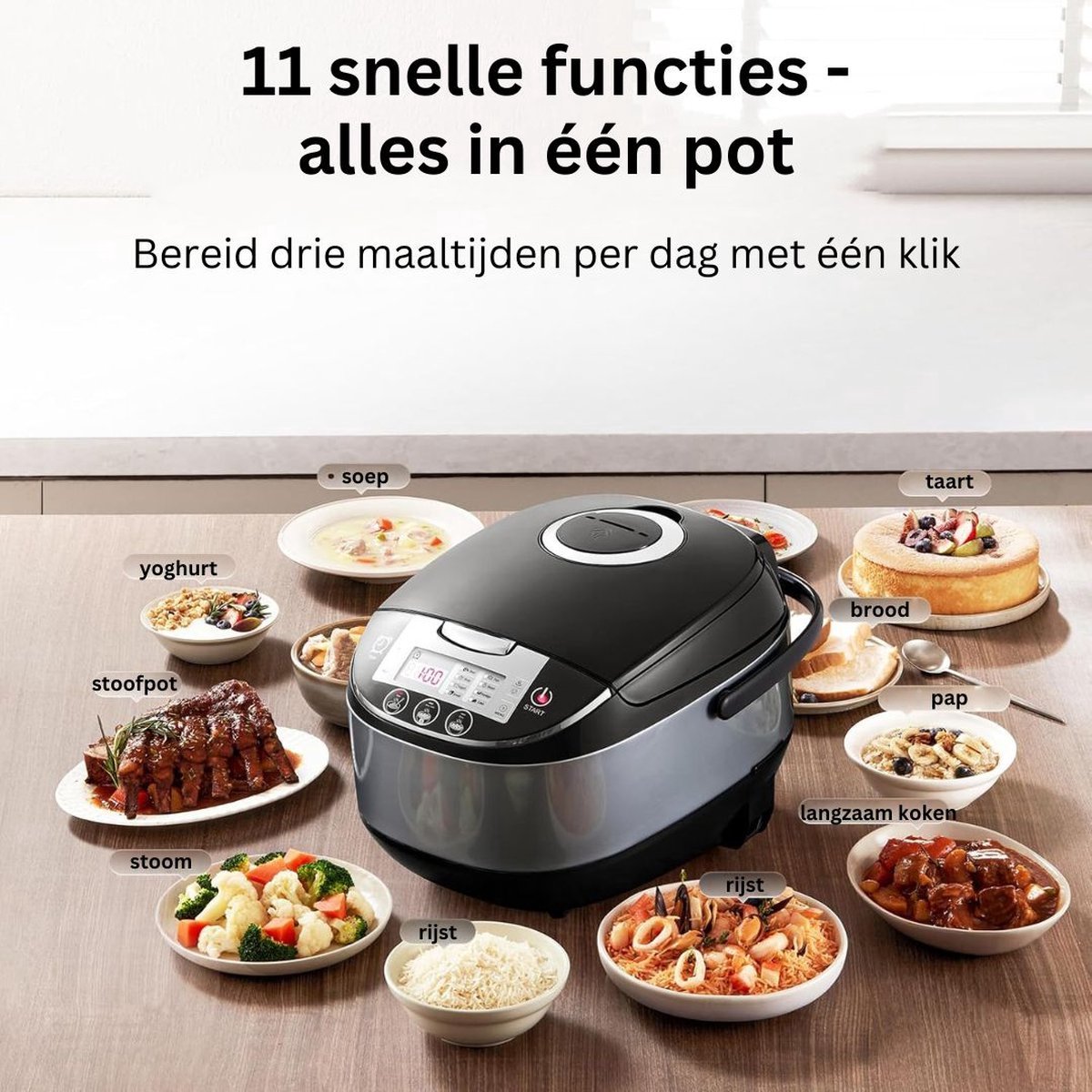 Afbeelding 2 van Slowcooker met Timer - Keramische Binnenpan - Hotpot - Rijstkoker met Stoom- en Warmhoudfunctie - Multicooker met Antiaanbaklaag Binnenpan - Geborsteld Zwart